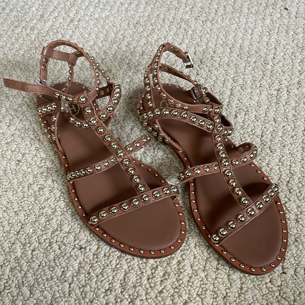 ash precious brown leather gold studded sandals in size 36